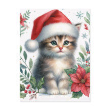サンタの帽子をかぶったかわいい子猫のクリスマスポストカード