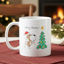 サンタの帽子をかぶったかわいい犬とクリスマスツリー コーヒーマグカップ