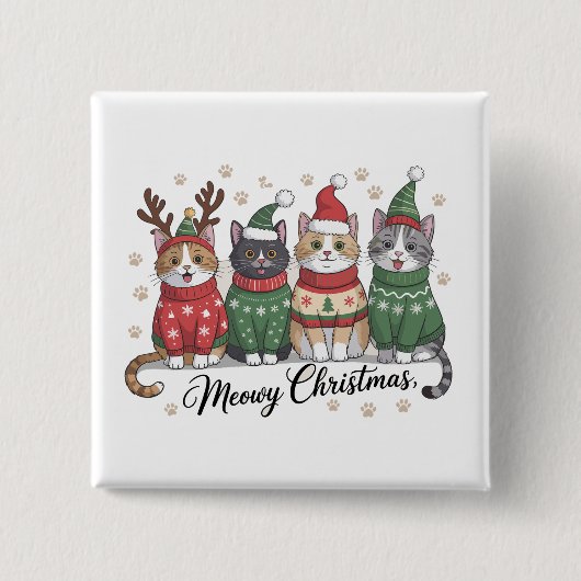 サンタの帽子をかぶったかわいい猫のクリスマス 缶バッジ (正面)