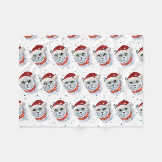 サンタの帽子をかぶったかわいい銀色の猫のクリスマス フリースブランケット (正面(横))