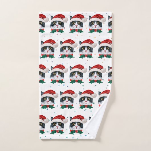 サンタの帽子をかぶったかわいい黒白猫 クリスマス ハンドタオル (ハンドタオル)