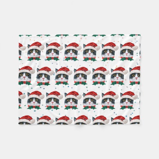 サンタの帽子をかぶったかわいい黒白猫 クリスマス フリースブランケット (正面(横))
