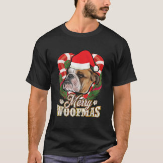サンタの帽子をかぶったイングリッシュ・ブルドッグ メリー・ウーフマス Tシャツ