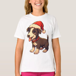 サンタの帽子をかぶったキュートで陽気なクリスマスパピー Tシャツ