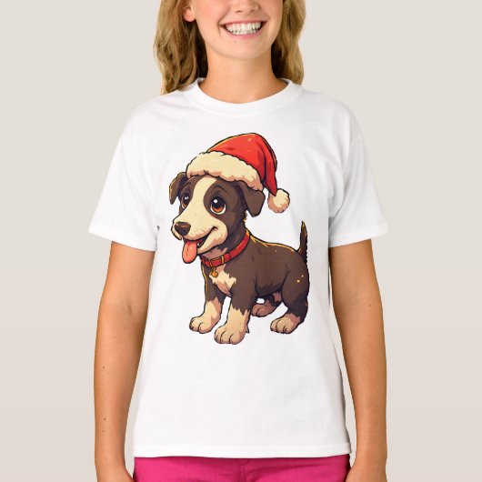 サンタの帽子をかぶったキュートで陽気なクリスマスパピー Tシャツ (正面)