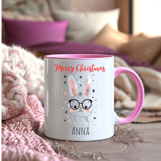 サンタの帽子をかぶったキュートなクリスマスウサギのコーヒー ツートーンマグカップ