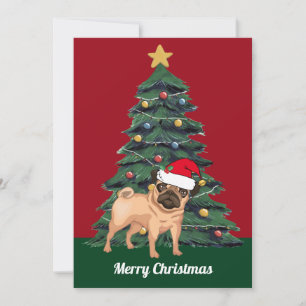 サンタの帽子をかぶったキュートなクリスマスパグ カスタムレッド カード