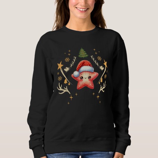 サンタの帽子をかぶったキュートなクリスマスヒトデ Xmas スウェットシャツ (正面)