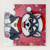 サンタの帽子をかぶったキュートなハスキー犬 クリスマス スノー ジグソーパズル (横)