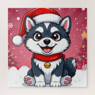 サンタの帽子をかぶったキュートなハスキー犬 クリスマス スノー ジグソーパズル