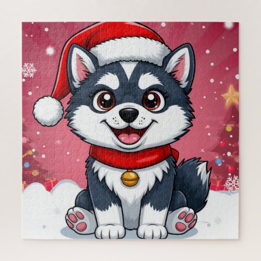 サンタの帽子をかぶったキュートなハスキー犬 クリスマス スノー ジグソーパズル (縦)