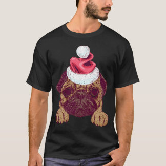 サンタの帽子をかぶったキュートなパグ Tシャツ