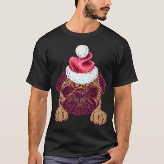 サンタの帽子をかぶったキュートなパグ Tシャツ (正面)