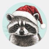 サンタの帽子をかぶったクリスマスのアライグマのステッカー ラウンドシール (正面)