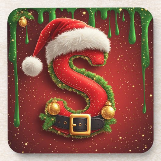 サンタの帽子をかぶったクリスマスのイニシャルSのギフト コースター (正面)