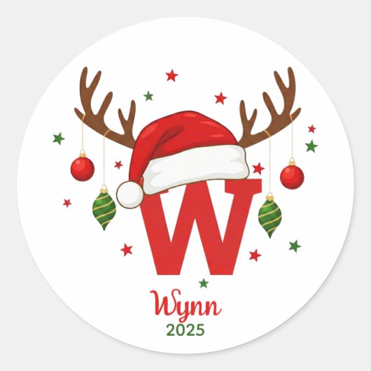 サンタの帽子をかぶったクリスマスのイニシャルW ラウンドシール (正面)