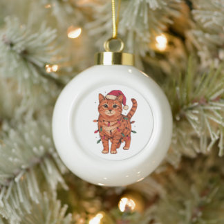 サンタの帽子をかぶったクリスマスのオレンジタビー猫 クリスマス セラミックボールオーナメント