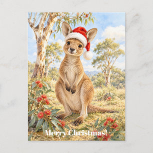 サンタの帽子をかぶったクリスマスのカンガルーとユーカリの木 シーズンポストカード