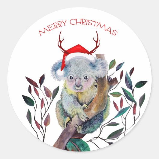 サンタの帽子をかぶったクリスマスのコアラ ラウンドシール (正面)