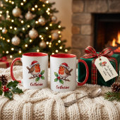 サンタの帽子をかぶったクリスマスのコマドリの名入れグッズ マグカップ