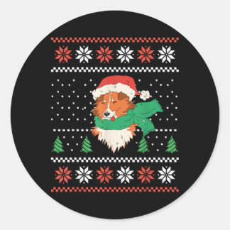 サンタの帽子をかぶったクリスマスのシェルティー犬 かわいいXmas ラウンドシール