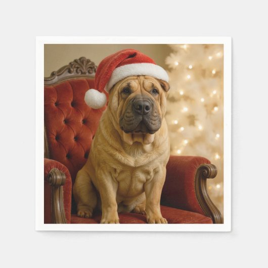 サンタの帽子をかぶったクリスマスのシャーペイ犬 スタンダードカクテルナプキン (正面)