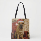 サンタの帽子をかぶったクリスマスのシャーペイ犬 トートバッグ (正面)