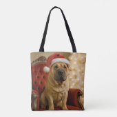 サンタの帽子をかぶったクリスマスのシャーペイ犬 トートバッグ (裏面)