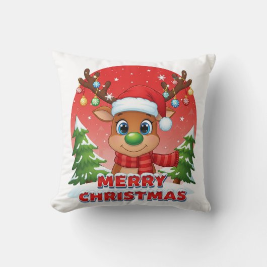 サンタの帽子をかぶったクリスマスのトナカイのオーナメント クッション (正面)