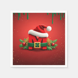 サンタの帽子をかぶったクリスマスのモノグラムM パーソナライズデザイン スタンダードカクテルナプキン