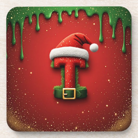 サンタの帽子をかぶったクリスマスのモノグラムT コースター (正面)