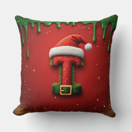 サンタの帽子をかぶったクリスマスのモノグラムT ホリデーギフト クッション