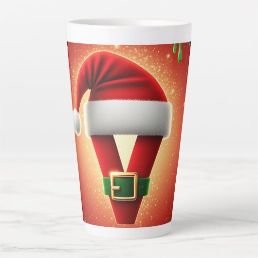 サンタの帽子をかぶったクリスマスのモノグラムV(名入れ可能) カフェラテマグ (正面)