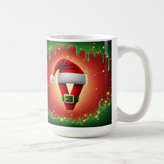 サンタの帽子をかぶったクリスマスのモノグラムV（名入れ可能） コーヒーマグカップ (右)