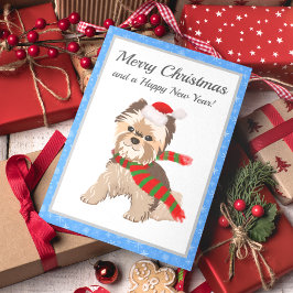 サンタの帽子をかぶったクリスマスのヨーキーがかわいい メリークリスマス シーズンカード