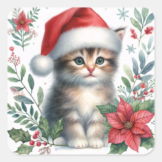 サンタの帽子をかぶったクリスマスの子猫 スクエアシール (正面)