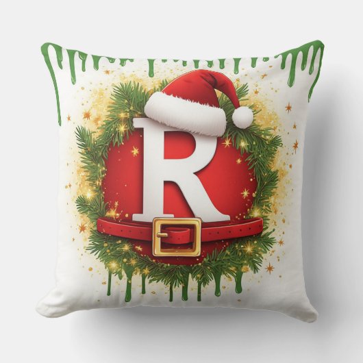 サンタの帽子をかぶったクリスマスの文字R 冬のギフト クッション (正面)