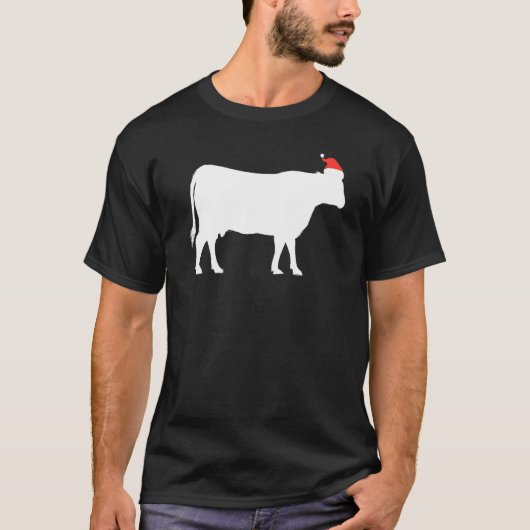 サンタの帽子をかぶったクリスマスの牛のシルエット画像 Tシャツ (正面)