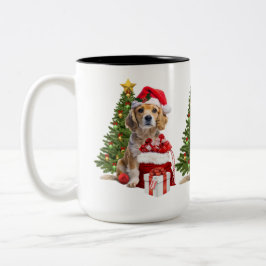 サンタの帽子をかぶったクリスマスの犬  ツートーンマグカップ