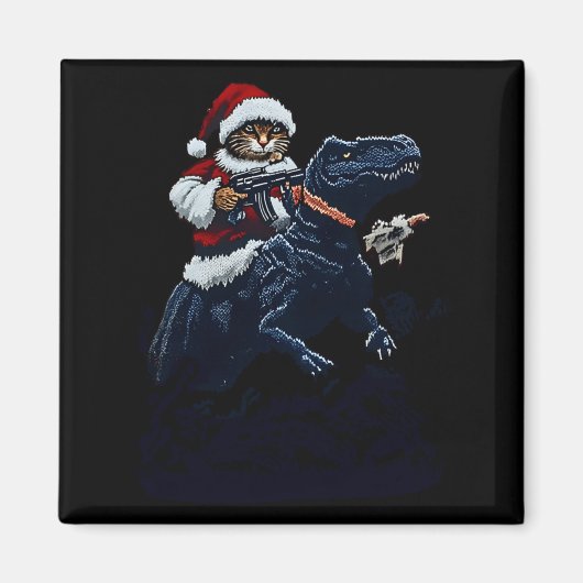 サンタの帽子をかぶったクリスマスの猫が銃と恐竜を持っている マグネット (正面)