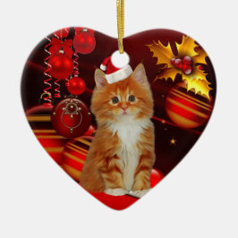 サンタの帽子をかぶったクリスマスの猫のオーナメント セラミックオーナメント