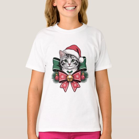 サンタの帽子をかぶったクリスマスの猫 かわいいキティ Tシャツ (正面)