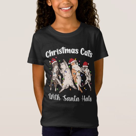 サンタの帽子をかぶったクリスマスの猫 かわいい面白い休日 Tシャツ (正面)