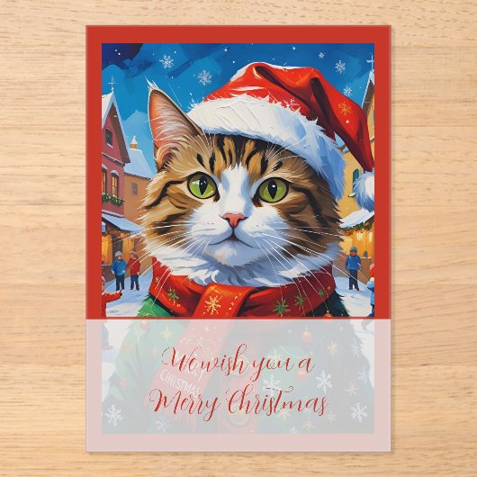 サンタの帽子をかぶったクリスマスの猫 アクリル招待状 (正面)