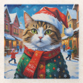 サンタの帽子をかぶったクリスマスの猫 ガラスコースター (正面)