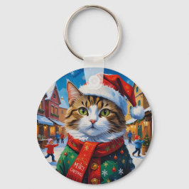 サンタの帽子をかぶったクリスマスの猫 キーホルダー