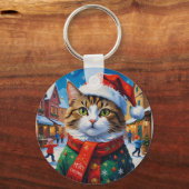サンタの帽子をかぶったクリスマスの猫 キーホルダー (正面)