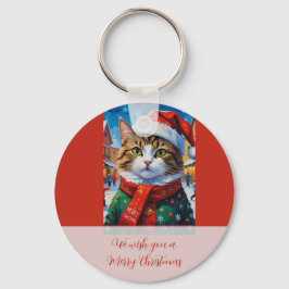 サンタの帽子をかぶったクリスマスの猫 キーホルダー