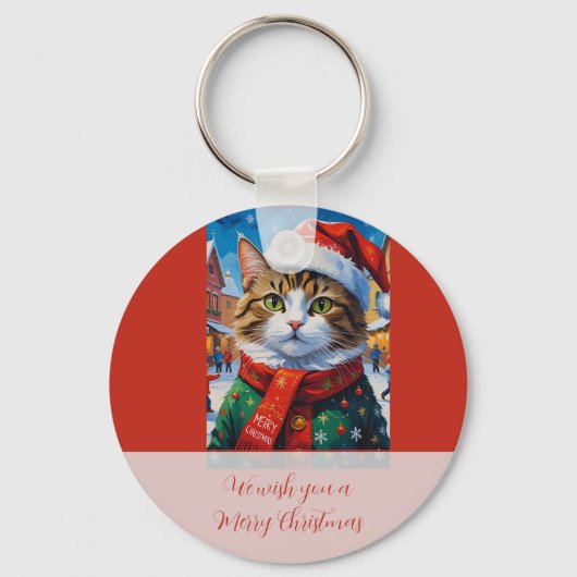 サンタの帽子をかぶったクリスマスの猫 キーホルダー (正面)