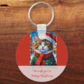 サンタの帽子をかぶったクリスマスの猫 キーホルダー (正面)